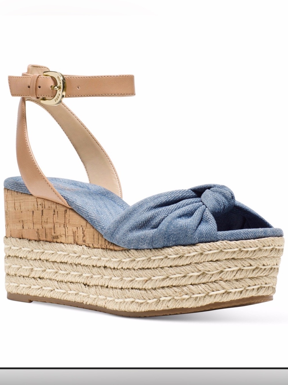 Michael Kors Blue Denim Knot Platform Sandal with Tan Ankle Strap Size 9